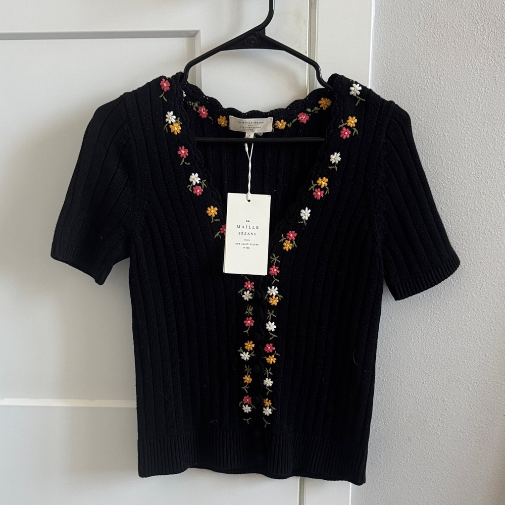 Sezane Black Ribbed Crop Top with Floral Embroidery